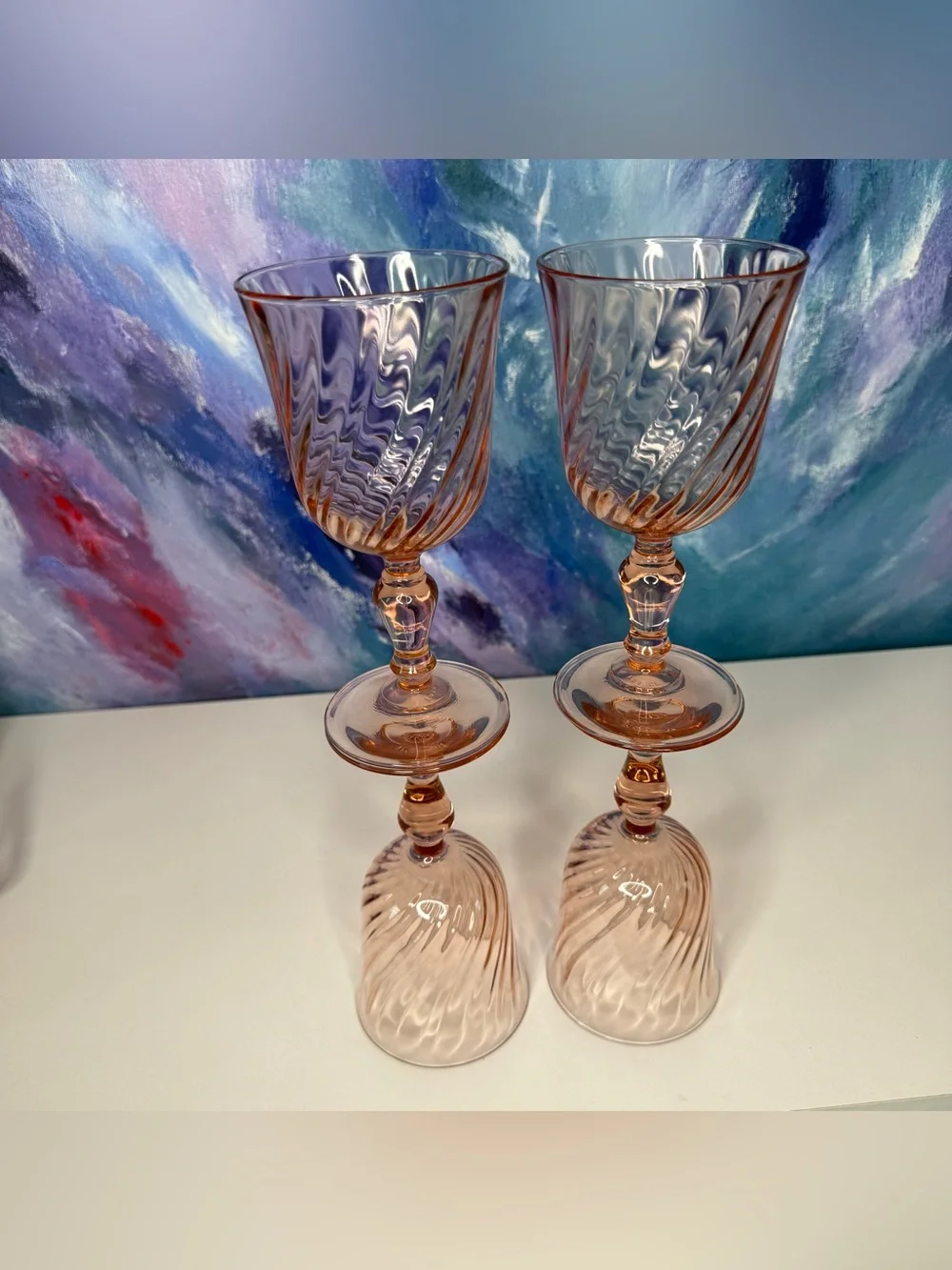 Set of 4 Arcoroc France Rosaline Pink Swirl Wine Water Goblets Stemmed Luminarc